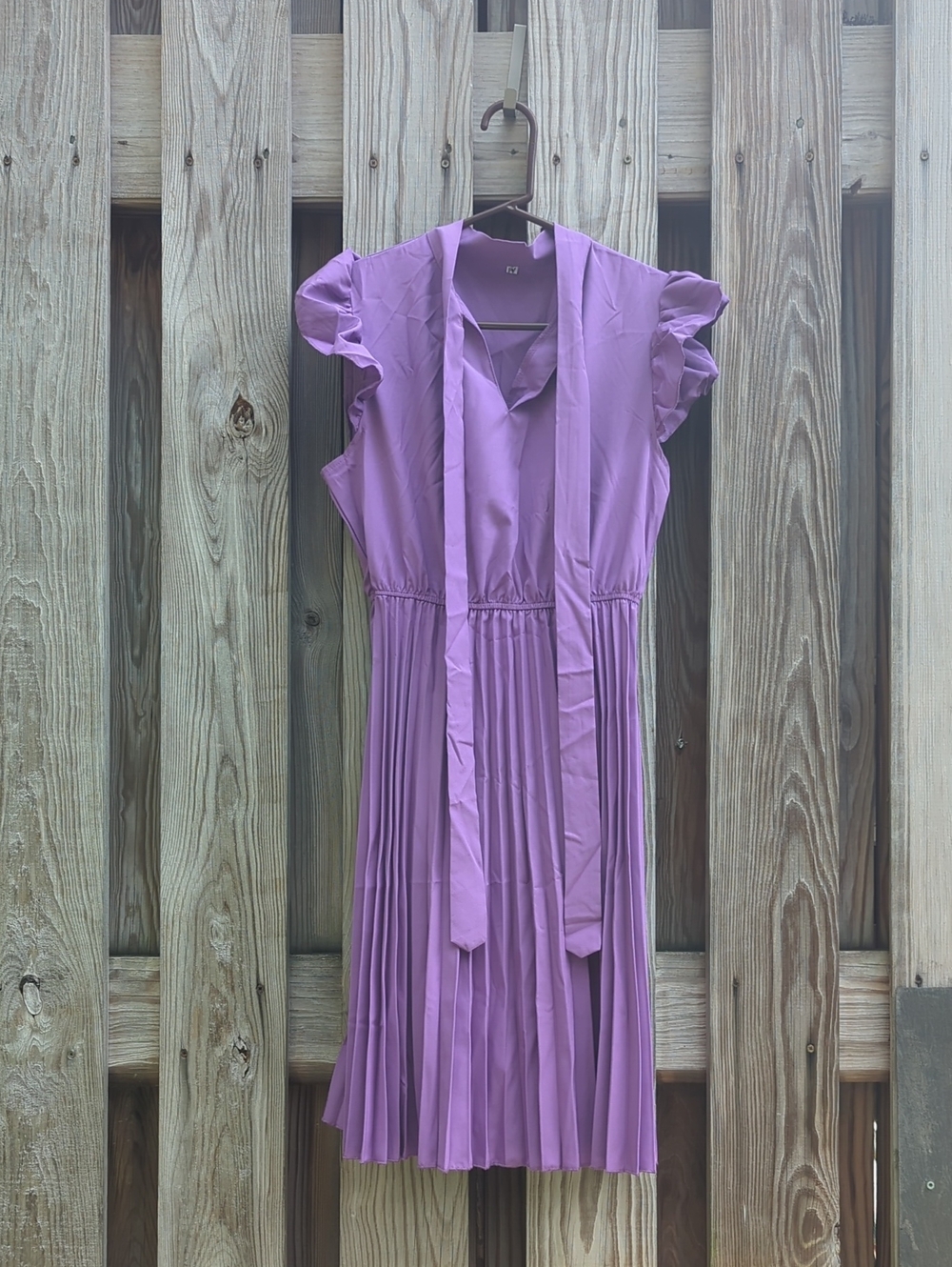 Lilac Pleated Midi Dress with Tie-Neck